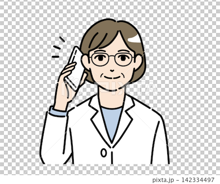 一幅插圖,描繪了一位身穿白大褂、戴著眼鏡的女士正在用智慧型手機通話。 一幅插圖,描繪了一位身穿白大褂、戴著眼鏡的女士正在用智慧型手機通話。 142334497