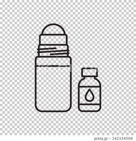 Minimalist line art icon of a roll-on edge dye bottle with a small refill bottle. Minimalist line art icon of a roll-on edge dye bottle with a small refill bottle. 142334509