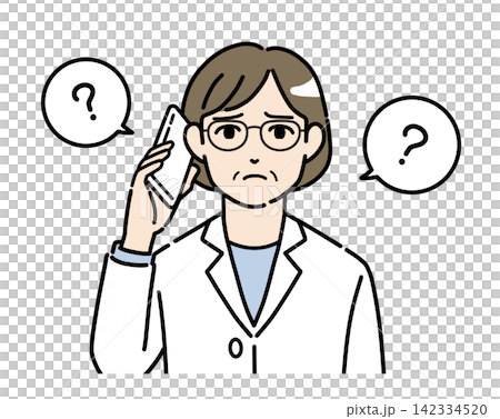 一幅插圖,描繪了一位身穿白大褂、戴著眼鏡的女士正在用智慧型手機通話,臉上帶著疑惑的表情。 一幅插圖,描繪了一位身穿白大褂、戴著眼鏡的女士正在用智慧型手機通話,臉上帶著疑惑的表情。 142334520