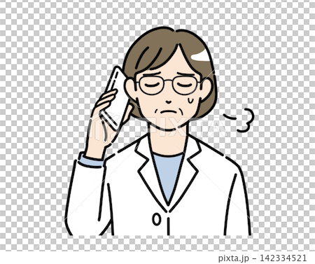 一幅插圖，描繪了一位身穿白大褂、戴著眼鏡的女士一邊用智慧型手機通話一邊嘆氣。 142334521