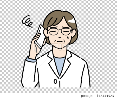 一幅插圖,描繪了一位身穿白大褂、戴著眼鏡的女士正在使用智慧型手機撥打電話時遇到困難。 一幅插圖,描繪了一位身穿白大褂、戴著眼鏡的女士正在使用智慧型手機撥打電話時遇到困難。 142334523