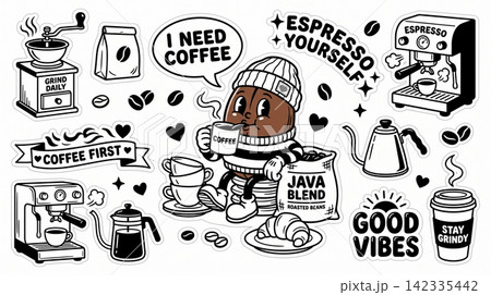 Doodle style coffee shop sticker collection with stickers with stickers 142335442