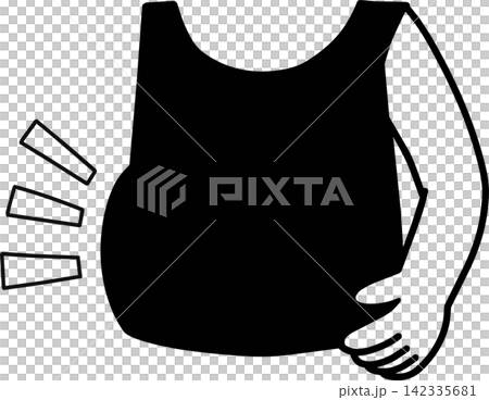 「お腹をつまむ」タンクトップ姿のイラスト素材　ダイエット・体型を表すシンプルアイコン　白黒 142335681