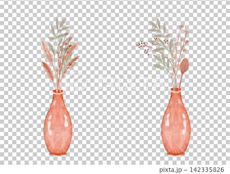 Two vases, dried flowers, pampas grass, branches and berries watercolor botanical set and frame. Hand-painted with copy space for invitations, greeting cards, stationery, posters and wedding designs 142335826