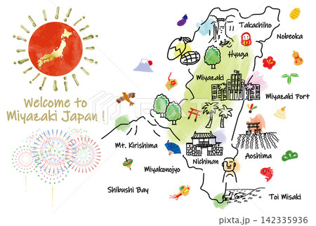 かわいい宮崎県の観光スポットと縁起物手描きイラストマップ かわいい宮崎県の観光スポットと縁起物手描きイラストマップ 142335936