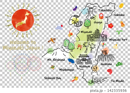 可愛的宮崎縣旅遊景點和幸運符手繪插圖地圖 可愛的宮崎縣旅遊景點和幸運符手繪插圖地圖 142335936