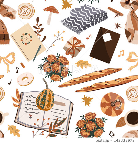 Hand drawn Fall outdoor seamless pattern with Autumn sweets, cute pumpkins, books, and Autumn leaves. Vector illustration. 142335978