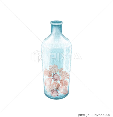 Blue glass bottle filled with seashells watercolor coastal decor illustration. Hand-painted isolated on white background ideal for cards, invitations, stationery, posters, packaging, summer designs. Blue glass bottle filled with seashells watercolor coastal decor illustration. Hand-painted isolated on white background ideal for cards, invitations, stationery, posters, packaging, summer designs. 142336000