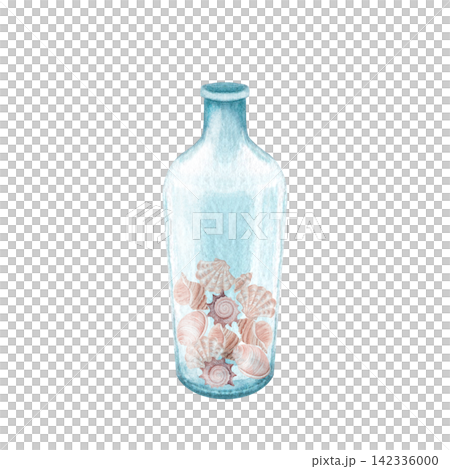 Blue glass bottle filled with seashells watercolor coastal decor illustration. Hand-painted isolated on white background ideal for cards, invitations, stationery, posters, packaging, summer designs. Blue glass bottle filled with seashells watercolor coastal decor illustration. Hand-painted isolated on white background ideal for cards, invitations, stationery, posters, packaging, summer designs. 142336000