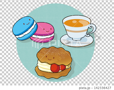 可愛い顔がついたマカロンとシュークリームと紅茶のティータイムイラストセット 可愛い顔がついたマカロンとシュークリームと紅茶のティータイムイラストセット 142336427