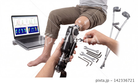 Specialist adjusting prosthetic leg device next to laptop and crutches with prosthetic specialist medicine healthcare orthopedic rehabilitation recovery mobility crutches computer technology Specialist adjusting prosthetic leg device next to laptop and crutches with prosthetic specialist medicine healthcare orthopedic rehabilitation recovery mobility crutches computer technology 142336721