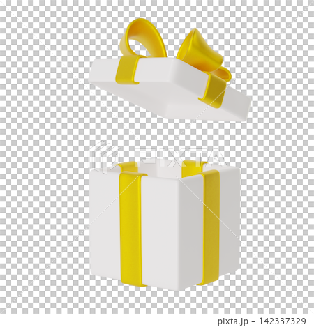 3d White gift box with a bright yellow ribbon and Open Lid isolated on background. Festive packaging ideal for gifts, celebrations, Birthday, Christmas. 3d render 3d White gift box with a bright yellow ribbon and Open Lid isolated on background. Festive packaging ideal for gifts, celebrations, Birthday, Christmas. 3d render 142337329