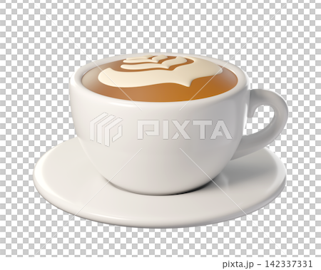 3D Cappuccino Coffee Cup with Latte Art Isolated. White ceramic mug ideal for coffee, bakery, cafe, restaurant menu and lifestyle. 3d render 3D Cappuccino Coffee Cup with Latte Art Isolated. White ceramic mug ideal for coffee, bakery, cafe, restaurant menu and lifestyle. 3d render 142337331