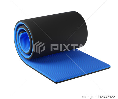 3d Black and Blue Yoga Mat Isolated. Premium fitness icon for yoga, balance training, meditation, pilates and home gym. 3d render 3d Black and Blue Yoga Mat Isolated. Premium fitness icon for yoga, balance training, meditation, pilates and home gym. 3d render 142337422