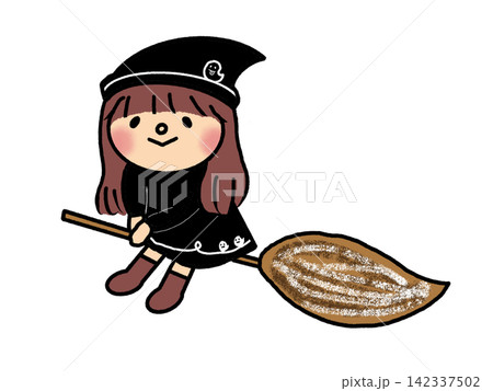 ハロウィン、ほうきに乗ったカワイイ魔法使いの女の子のイラスト ハロウィン、ほうきに乗ったカワイイ魔法使いの女の子のイラスト 142337502