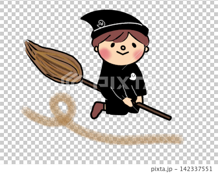 Halloween illustration of a wizard boy riding a broom Halloween illustration of a wizard boy riding a broom 142337551