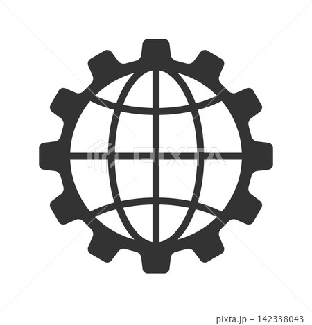 A minimalist black vector icon combining a gear with a globe grid, representing global industry, technology networks, and international integration. Ideal for modern business use. A minimalist black vector icon combining a gear with a globe grid, representing global industry, technology networks, and international integration. Ideal for modern business use. 142338043