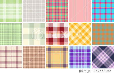 Plaid set for interior displays of furniture and textiles. Harmonized tartan designs suit showrooms and decor visuals. Seamless vectors maintain rhythm. Plaid set for interior displays of furniture and textiles. Harmonized tartan designs suit showrooms and decor visuals. Seamless vectors maintain rhythm. 142338062