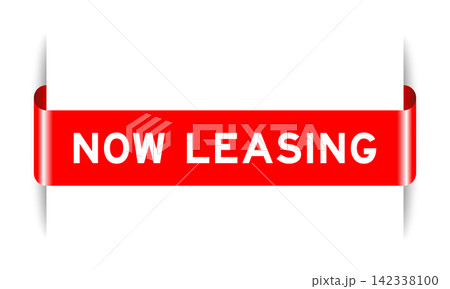 Red color inserted label banner with word now leasing on white background 142338100