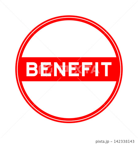Red color round seal sticker in word benefit on white background Red color round seal sticker in word benefit on white background 142338143
