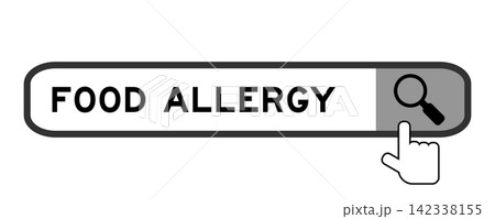 Search banner in word food allergy with hand over magnifier icon on white background Search banner in word food allergy with hand over magnifier icon on white background 142338155