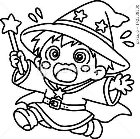恐怖でパニックになるかわいい魔法使いの女の子｜驚いて慌てるファンタジー線画イラスト 142338330