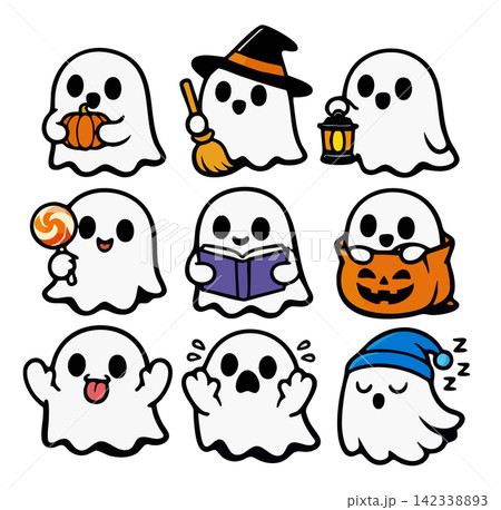 Cute Halloween Ghost Character Vector Set with Pumpkin, Witch Hat, Lantern, Lollipop, and Book Cute Halloween Ghost Character Vector Set with Pumpkin, Witch Hat, Lantern, Lollipop, and Book 142338893