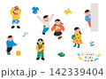 室内で遊ぶ子ども達とアイコンのイラスト素材セット 142339404