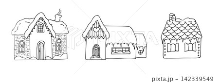 Vector cozy winter house set with 3 hand drawn. Minimalist graphic line art collection for New Year holidays isolated on white. Doodle snowy country Christmas cottages, elements with icicles for greet Vector cozy winter house set with 3 hand drawn. Minimalist graphic line art collection for New Year holidays isolated on white. Doodle snowy country Christmas cottages, elements with icicles for greet 142339549