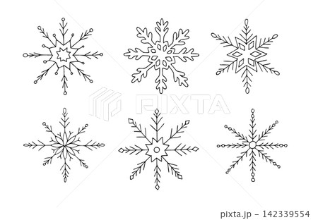 Vector snowflake set with 6 hand drawn linear ice crystals. Minimalist graphic line art collection for winter holiday design isolated on white. Geometric abstract frost elements for New Year greeting Vector snowflake set with 6 hand drawn linear ice crystals. Minimalist graphic line art collection for winter holiday design isolated on white. Geometric abstract frost elements for New Year greeting 142339554