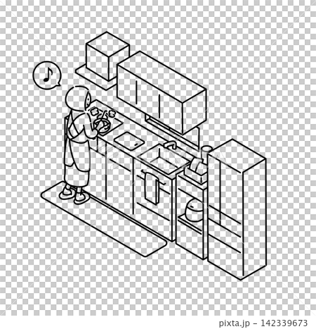壁付けキッチンのアイソメ図(人あり)_線画 壁付けキッチンのアイソメ図(人あり)_線画 142339673