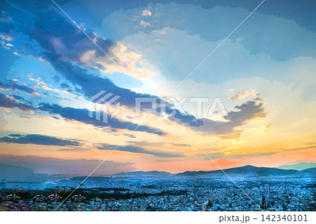 Amazing sky at sunset - view from Lycabettus hill in Athens of Athens and sunset in Greek capital Amazing sky at sunset - view from Lycabettus hill in Athens of Athens and sunset in Greek capital 142340101