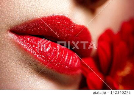 Luxury Red Lips with Rose Flower Beauty Concept 142340272