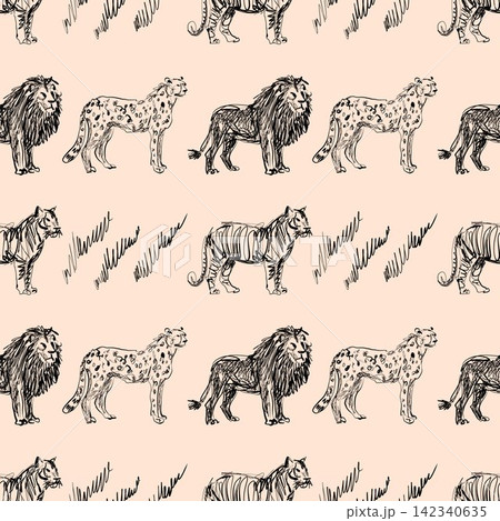 Wild Big Cats Seamless Pattern Scribble Line Art Vector, Hand Drawn Lions Tigers Leopards Texture on Beige Background 142340635