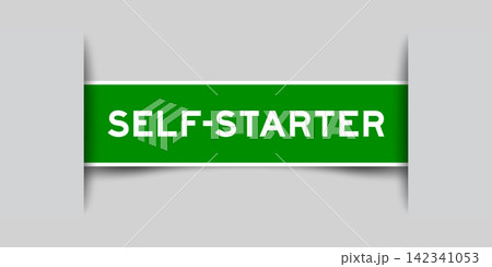 Green color square shape sticker label with word self starter inserted in gray background Green color square shape sticker label with word self starter inserted in gray background 142341053