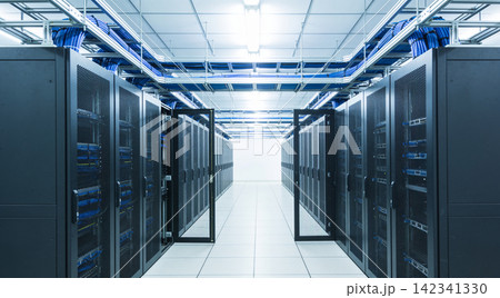 Modern data center aisle with rows of server racks and blue cables overhead Modern data center aisle with rows of server racks and blue cables overhead 142341330