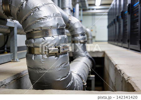 Insulated industrial pipes in a data center with server racks in the background Insulated industrial pipes in a data center with server racks in the background 142341420