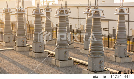 Electrical substation with multiple large insulators and power distribution equipment 142341446