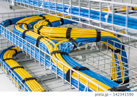 Organized blue and yellow network cables neatly managed in a wire tray Organized blue and yellow network cables neatly managed in a wire tray 142341590