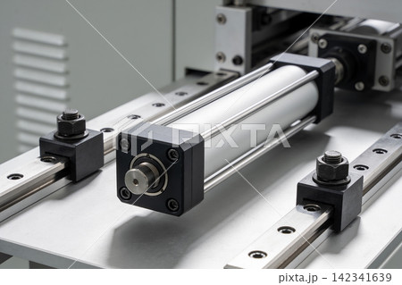 Industrial pneumatic cylinder with linear guide rails and mounting hardware Industrial pneumatic cylinder with linear guide rails and mounting hardware 142341639