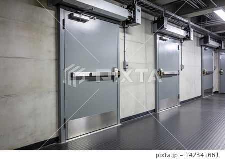 Modern industrial hallway with multiple gray emergency exit doors and push bars Modern industrial hallway with multiple gray emergency exit doors and push bars 142341661