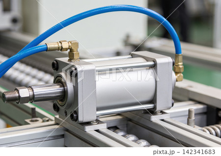 Pneumatic cylinder with blue hose and brass fittings on industrial machinery Pneumatic cylinder with blue hose and brass fittings on industrial machinery 142341683