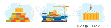 Port crane lift cargo containers. Concept of worldwide delivery by marine transport. Loading and unloading cargo, Maritime Ship sails on the ocean. Vector illustration isolated on white Port crane lift cargo containers. Concept of worldwide delivery by marine transport. Loading and unloading cargo, Maritime Ship sails on the ocean. Vector illustration isolated on white 142341982