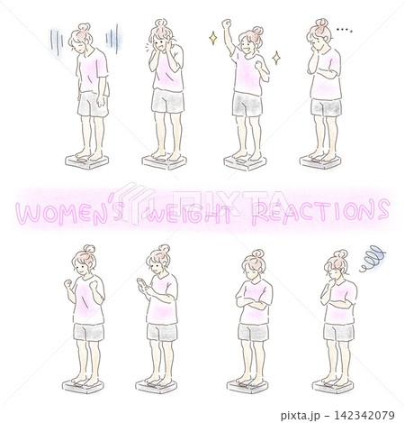 体重計に乗った女性のリアクションと感情のイラストセット 体重計に乗った女性のリアクションと感情のイラストセット 142342079