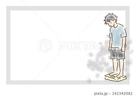 体重計に乗って落ち込む男性のイラスト 体重計に乗って落ち込む男性のイラスト 142342082