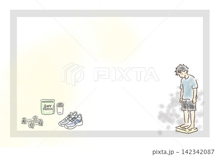 体重測定で落ち込む男性とフィットネス用品の背景 体重測定で落ち込む男性とフィットネス用品の背景 142342087