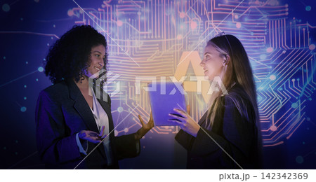 Ai and Business. Team discussing and using artificial intelligence technology or Ai assistant. Futuristic innovation AI technology collaboration and ideas for future. Business and Tech Startup meeting 142342369