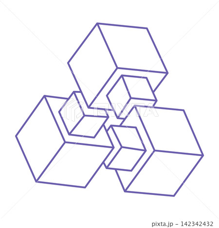 Optical illusion logo in trendy 2022 Very Peri color. Impossible shapes vector. Optical art objects. Geometric figures. Escher paradox. Optical illusion logo in trendy 2022 Very Peri color. Impossible shapes vector. Optical art objects. Geometric figures. Escher paradox. 142342432