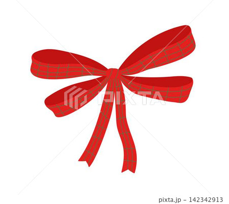 Christmas red ribbon decorative bow hand drawn minimalist illustration, simple festive knot, vintage holiday tree decoration, New Year gift element, seasonal craft detail, traditional cozy winter mood 142342913