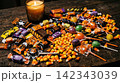 colorful candies in a bucket and a burning 142343039